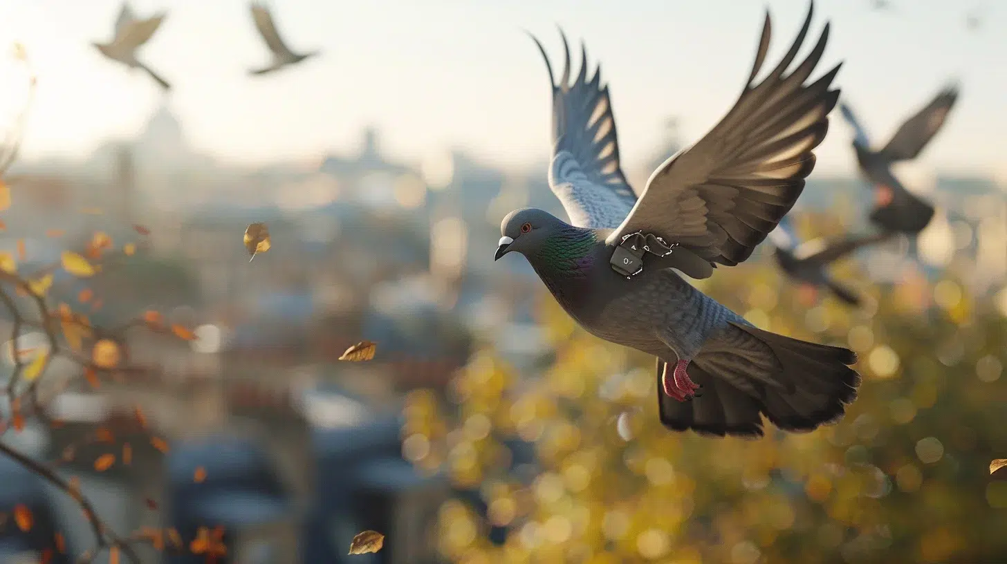 pigeons équipés de sacs à dos