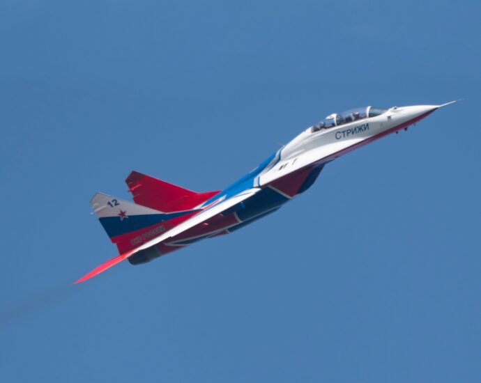 aerobatic team swifts perfoming demonstration flight of the international aerospace salon MAKS-2019