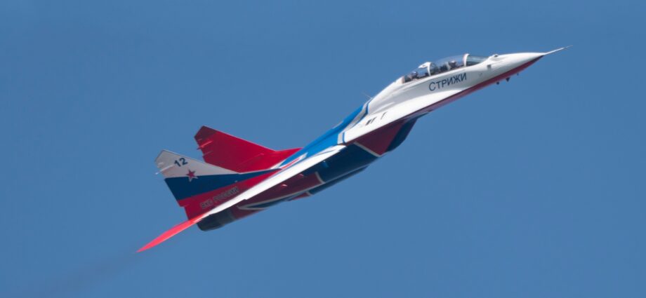 aerobatic team swifts perfoming demonstration flight of the international aerospace salon MAKS-2019