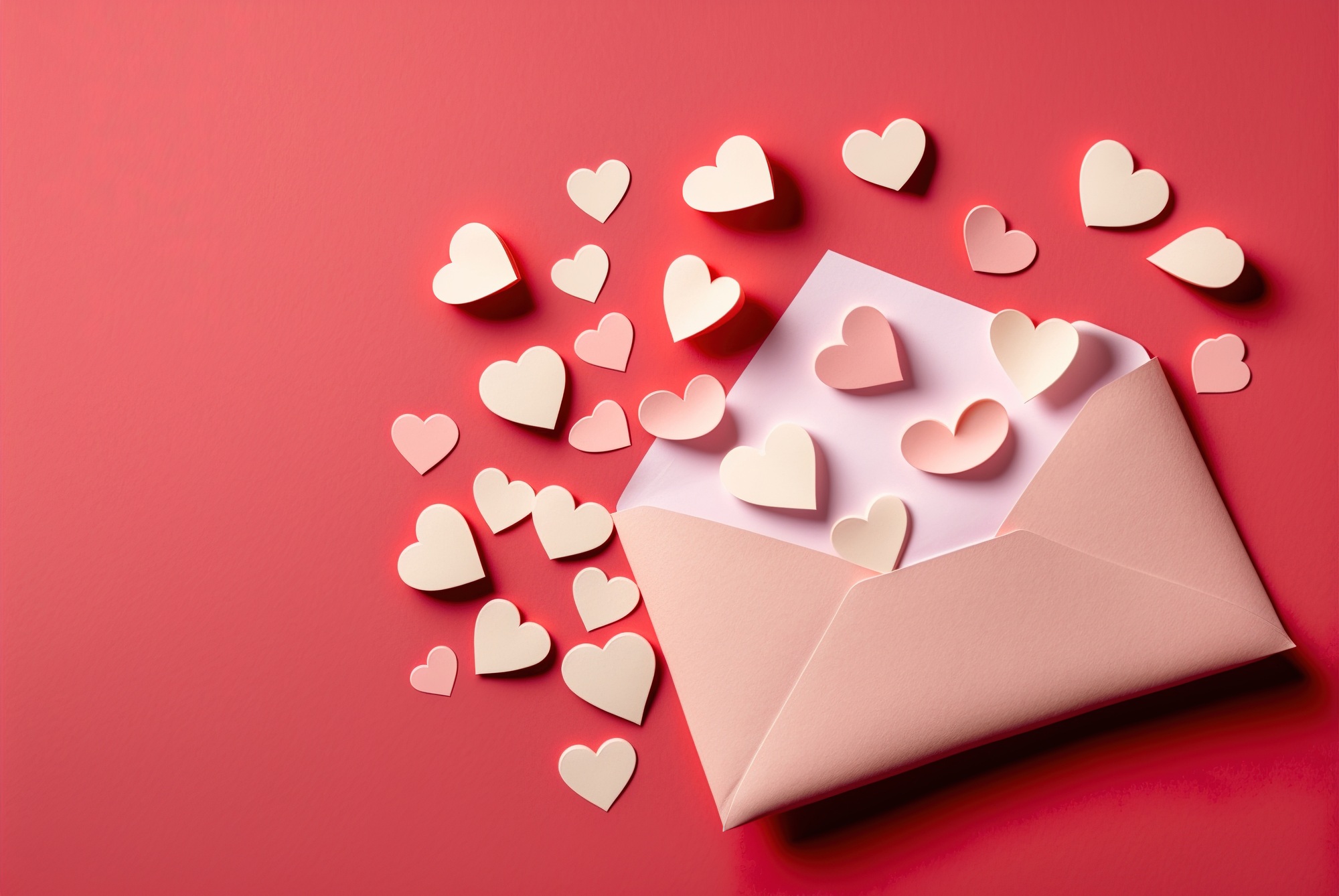 Love messages arrive by letter in paper envelopes, a background for Valentine's Day.
