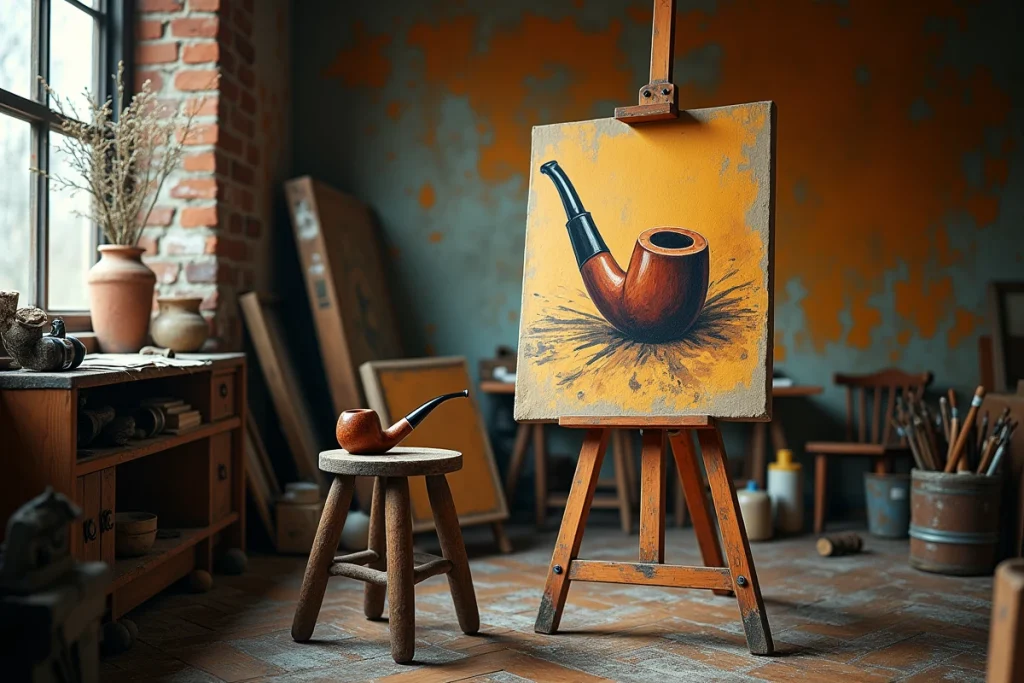 Atelier d'artiste avec une pipe réelle posée devant sa représentation peinte, écho à l'œuvre de Magritte