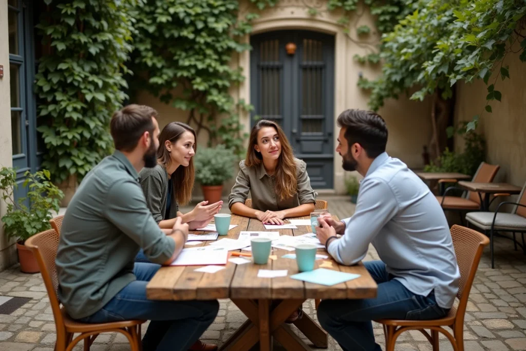 Atelier RSE informel en plein air dans une cour parisienne avec des collaborateurs d'entreprise travaillant sur les principes ISO 26000