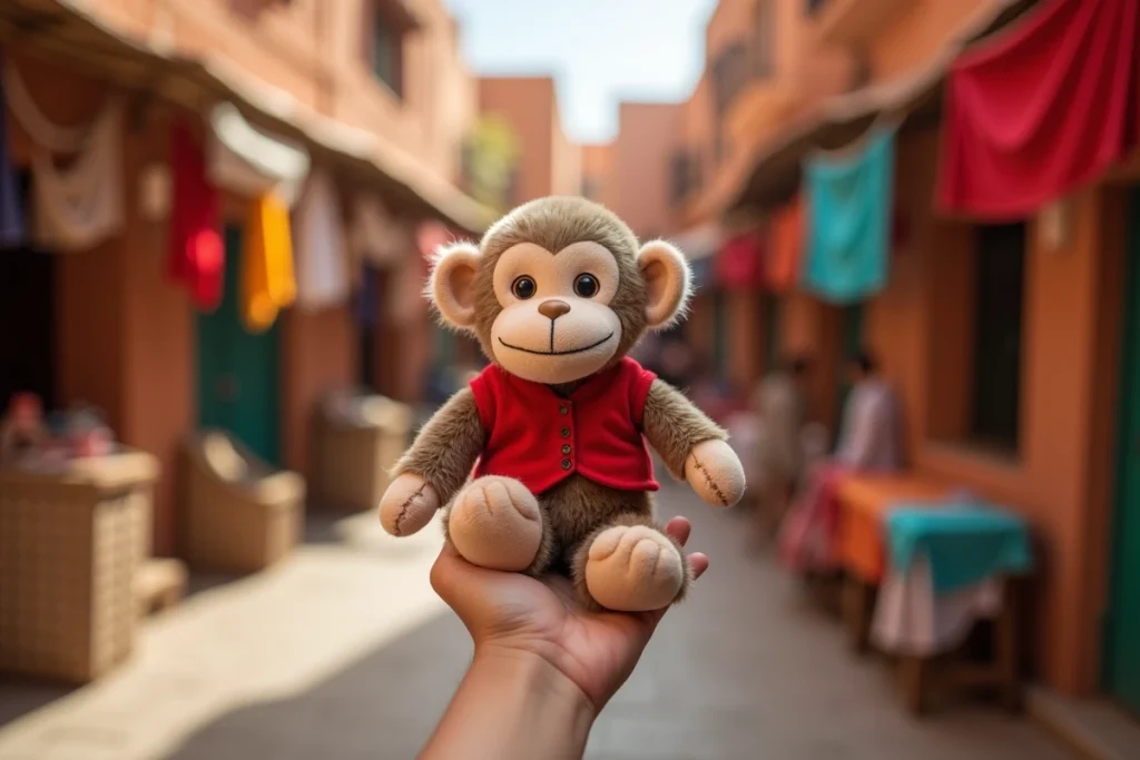 Main d'enfant tenant une peluche de singe inspirée d'Abu d'Aladdin Disney dans un marché extérieur aux couleurs d'une médina nord-africaine