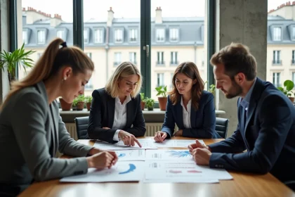 Équipe de professionnels parisiens réunis autour d'une table de réunion pour discuter de la stratégie RSE et de la norme ISO 26000 en entreprise