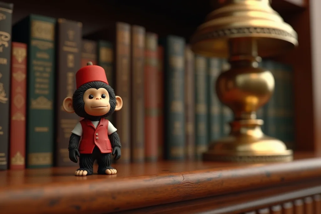 Figurine de collection inspirée d'Abu, le singe fidèle d'Aladdin Disney, exposée sur une étagère de bibliothèque avec des livres illustrés et une lampe en laiton