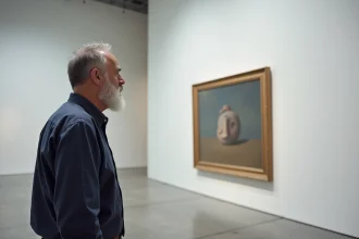 Homme contemplant une reproduction de Ceci n'est pas une pipe de Magritte dans un musée d'art contemporain