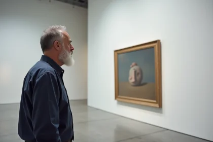 Homme contemplant une reproduction de Ceci n'est pas une pipe de Magritte dans un musée d'art contemporain