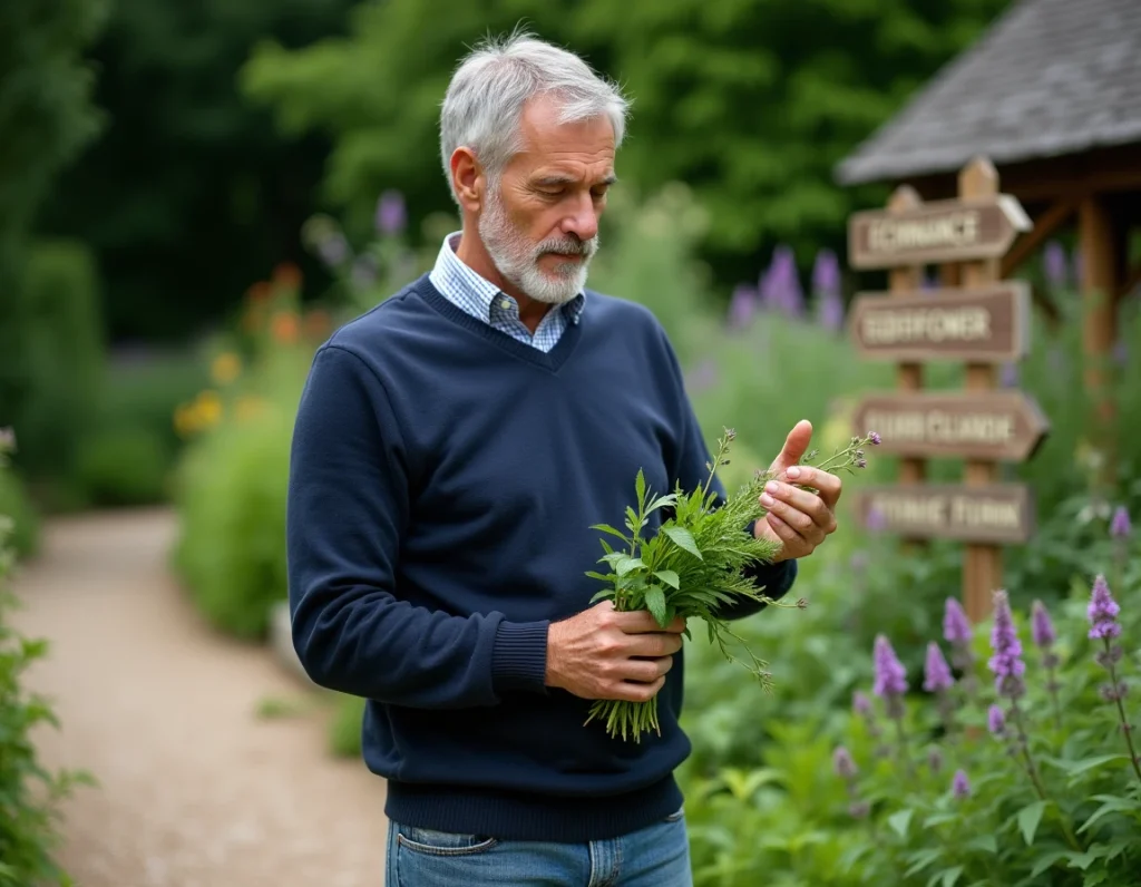Homme examinant des plantes médicinales fraîches dans un jardin botanique avec des étiquettes de plantes visibles