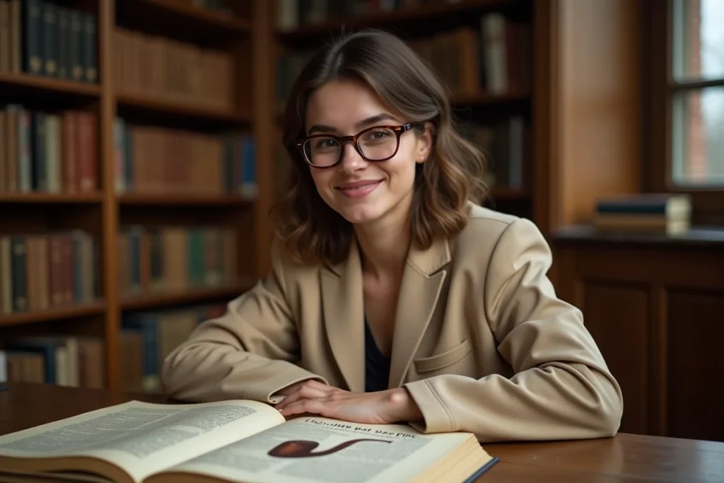 Jeune femme philosophe lisant un ouvrage sur Magritte et le surréalisme dans une bibliothèque universitaire