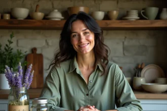 Femme consultant une liste de plantes médicinales entourée de bocaux d'herbes séchées dans une cuisine rustique en pierre