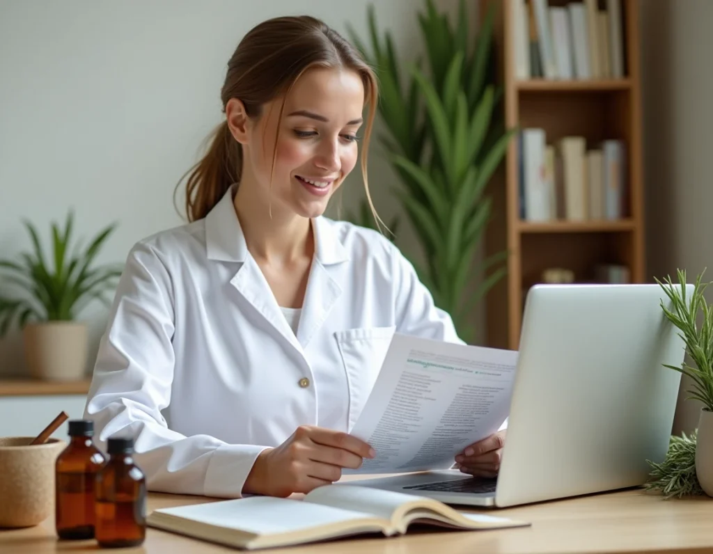 Naturopathe consultant une liste de plantes médicinales sur son bureau avec des flacons ambrés et des herbes séchées