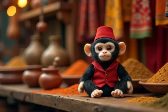 Peluche de singe capucin inspirée du personnage Abu d'Aladdin Disney, portant un gilet rouge et un fez, posée dans un décor de souk oriental
