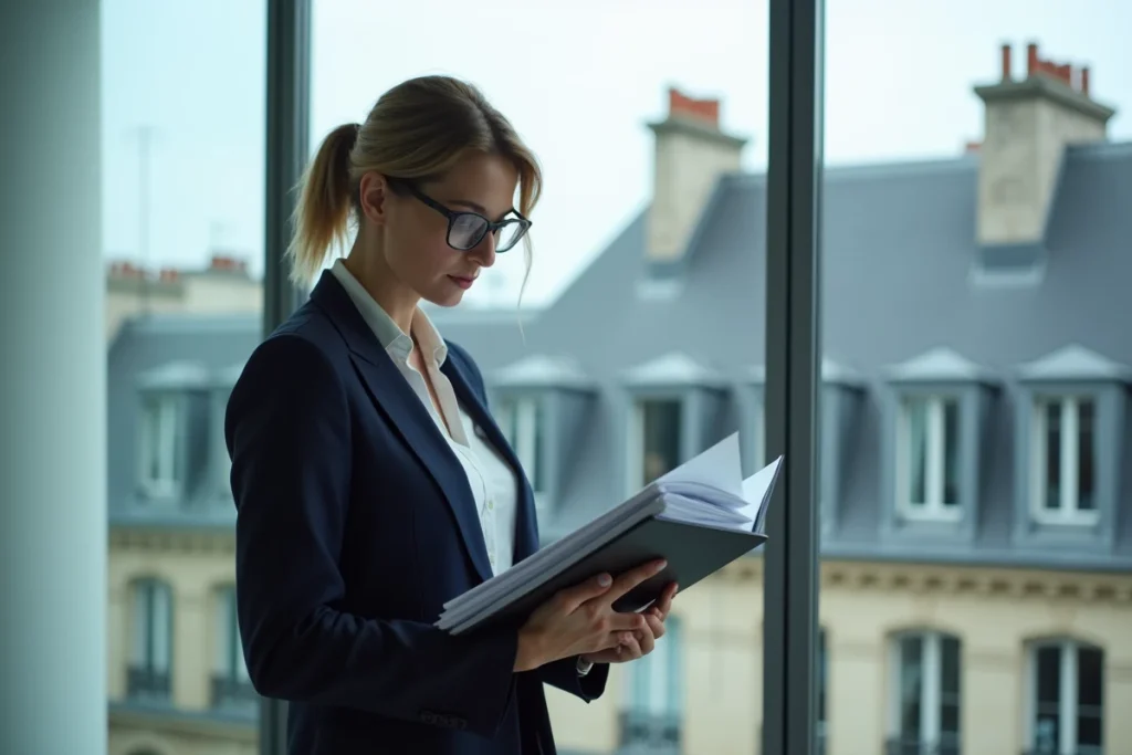 Responsable RSE parisienne consultant la norme ISO 26000 dans un bureau moderne avec vue sur les toits de Paris