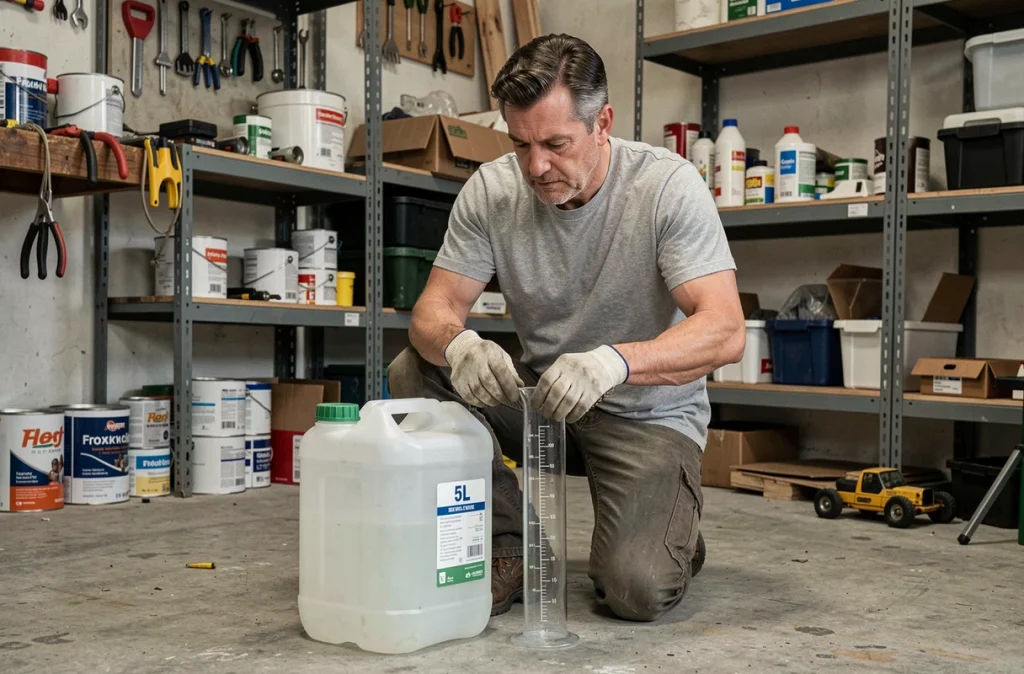 Homme en atelier de bricolage mesurant du liquide depuis un bidon de 5 litres dans un bécher gradué sur un sol en béton de garage