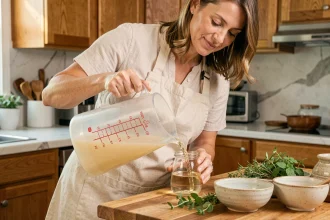 Femme en cuisine versant 5 litres de liquide depuis un grand pichet gradué en verre vers de petits récipients sur un plan de travail en bois