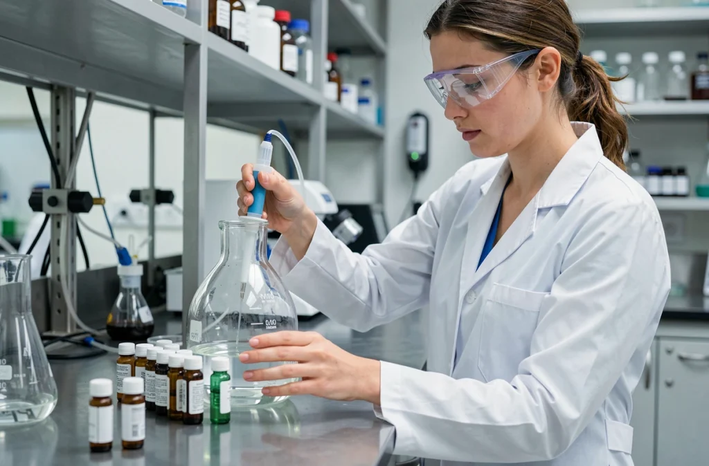 Femme en blouse blanche dans un laboratoire scientifique transvasant un liquide depuis une fiole de 5000 ml vers de petits flacons d'échantillons numérotés