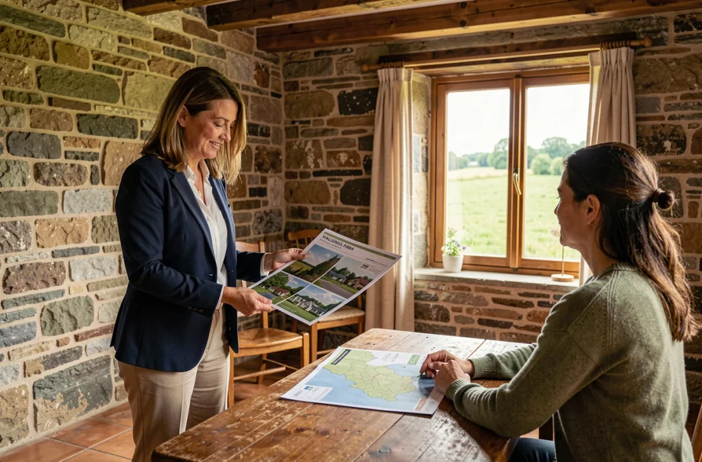 Agent immobilier présentant des offres de maisons de vacances en Wallonie à un acheteur potentiel dans un intérieur en pierre rénové