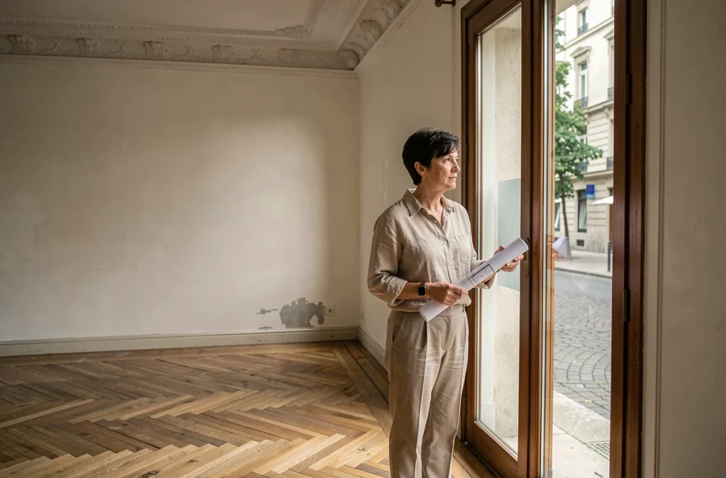 Architecte consultant les plans de rénovation devant une nouvelle fenêtre à double vitrage dans un appartement haussmannien de Bruxelles