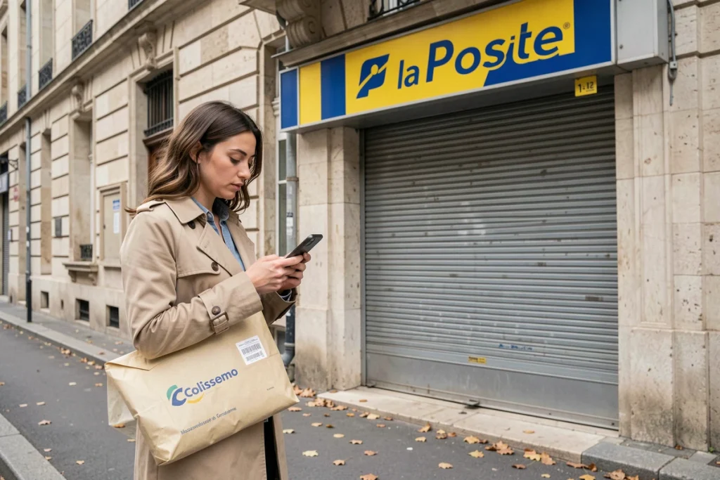Jeune femme devant un bureau de poste fermé tenant une enveloppe Colissimo et cherchant un point de dépôt alternatif sur son téléphone
