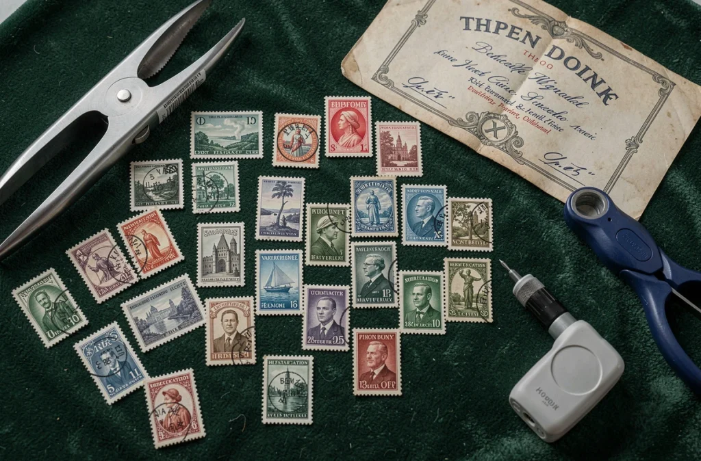Collection de timbres anciens avec outils d'expertise philatélique et certificat d'authenticité