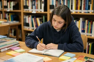 Collégienne révisant les règles grammaticales des mots en 'oe' dans une bibliothèque scolaire avec un cahier ouvert