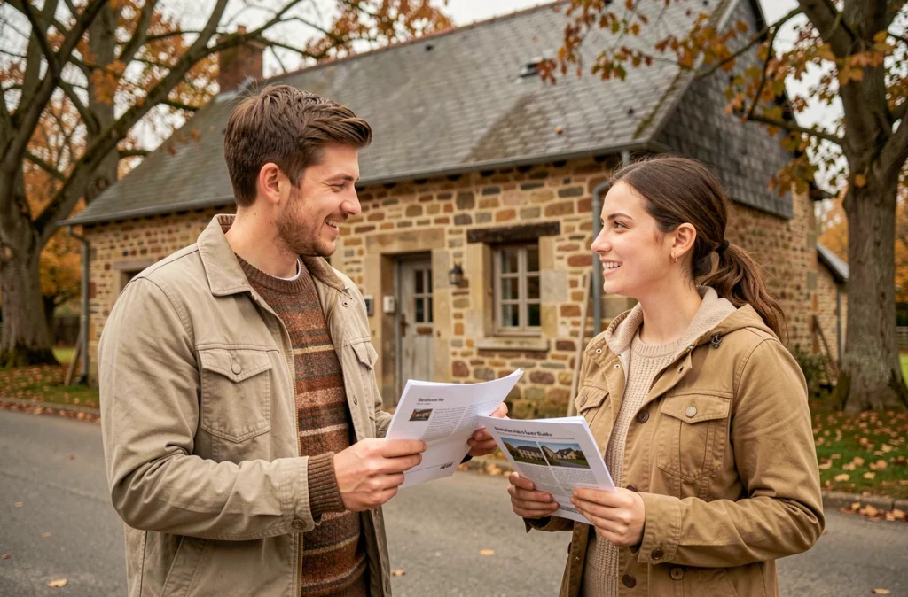 Couple visitant une maison de vacances à vendre en Wallonie lors d'une visite immobilière en automne