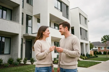 Jeune couple primo-accédant devant un immeuble neuf tenant les clés de leur premier logement