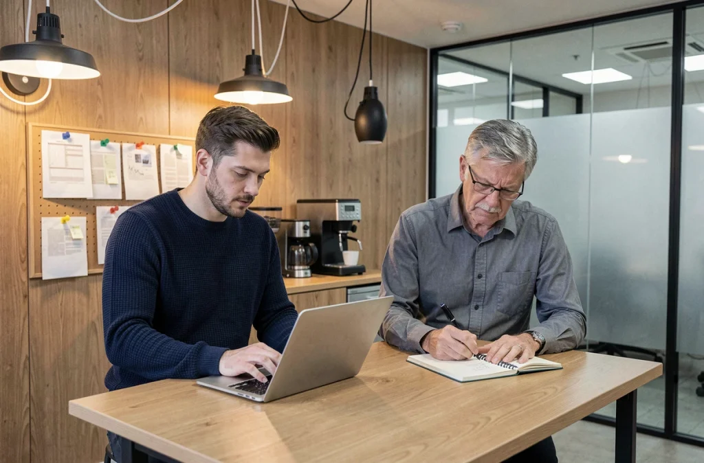 Deux résidents travaillant dans un espace de coworking intégré à une copropriété résidentielle moderne