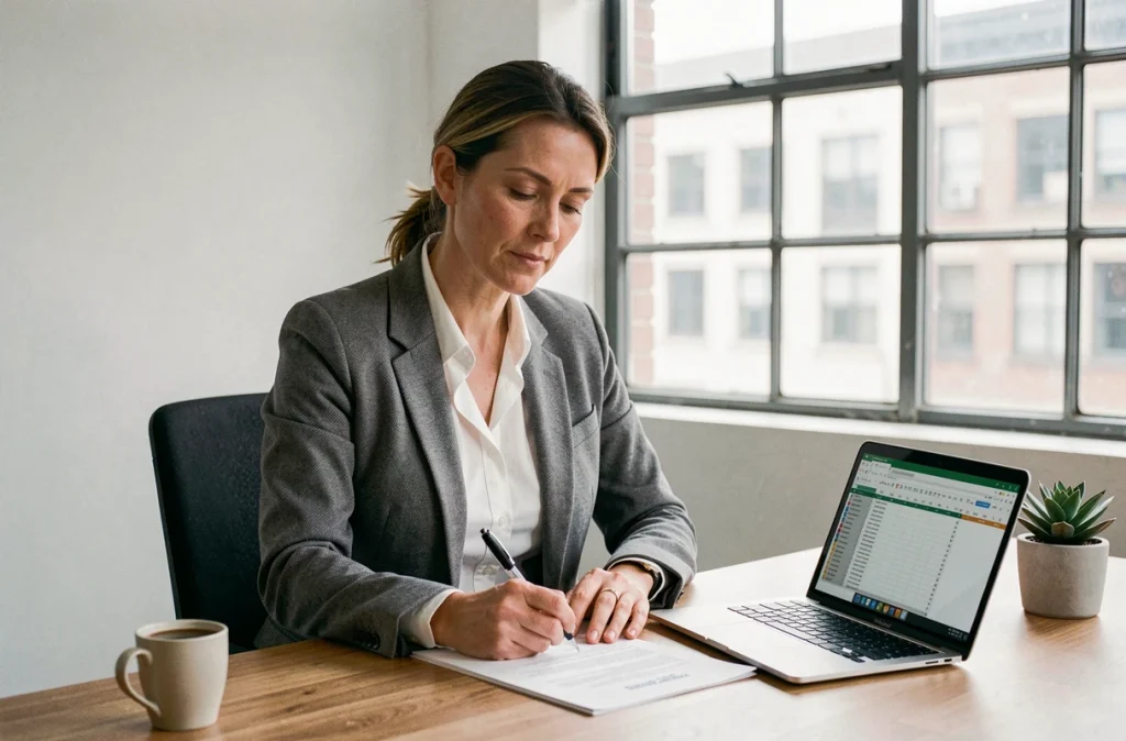 Femme dirigeante signant les documents officiels pour la création de son entreprise de BTP dans un bureau moderne