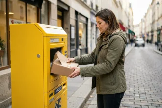 Femme déposant un colis Colissimo dans une consigne automatique La Poste en libre-service sur un trottoir urbain en France