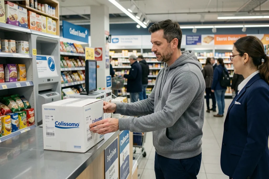 Homme déposant un colis Colissimo en point relais à l'intérieur d'un supermarché français avec une employée au comptoir