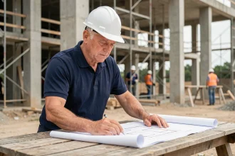 Entrepreneur BTP étudiant des plans de construction sur un chantier actif avec casque de sécurité blanc