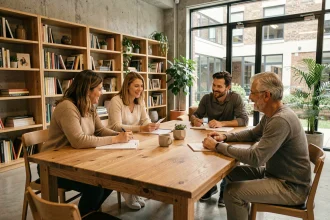 Groupe de résidents d'une copropriété moderne réunis autour d'une table en bois dans un espace partagé convivial