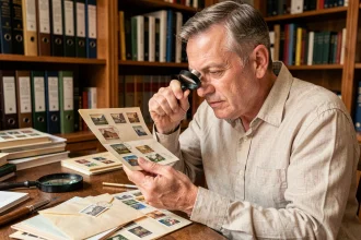 Expert philatéliste examinant un timbre rare à la loupe dans un bureau antique