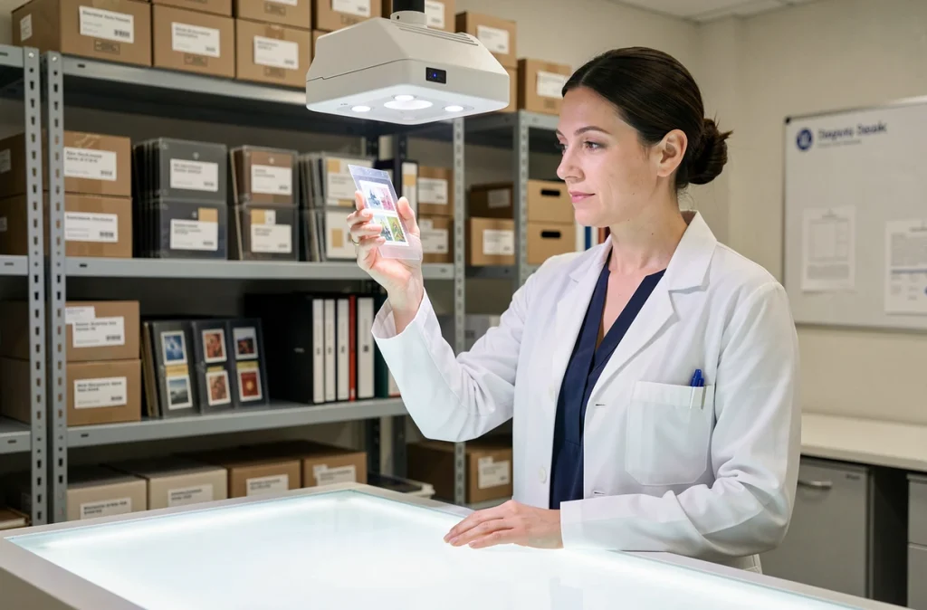 Experte en philatélie analysant un timbre sous lampe UV dans un laboratoire d'authentification