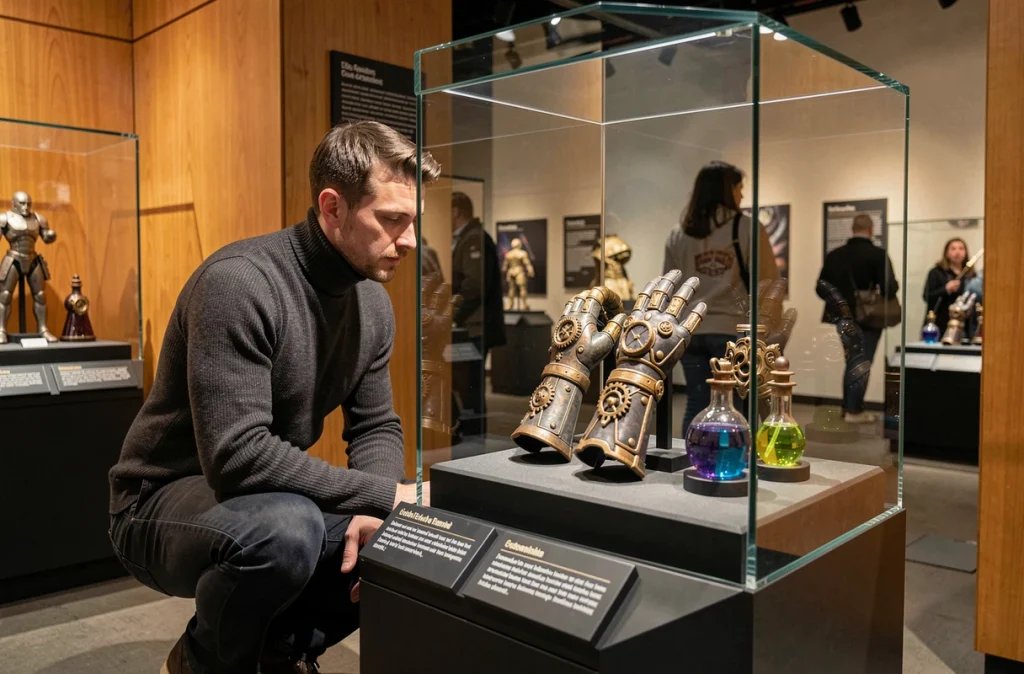 Visiteur observant des accessoires originaux exposés dans une vitrine lors de l'exposition Arcane à Montpellier