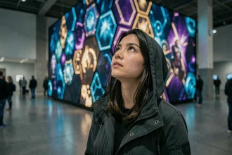 Visiteuse admirant une installation numérique immersive inspirée de l'univers Arcane lors d'une exposition à Montpellier en 2026