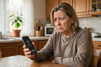 Femme inquiète recevant un appel du numéro 0270 sur son smartphone dans une cuisine, se demandant si c'est une arnaque téléphonique