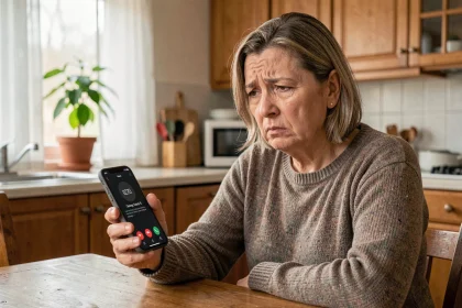 Femme inquiète recevant un appel du numéro 0270 sur son smartphone dans une cuisine, se demandant si c'est une arnaque téléphonique