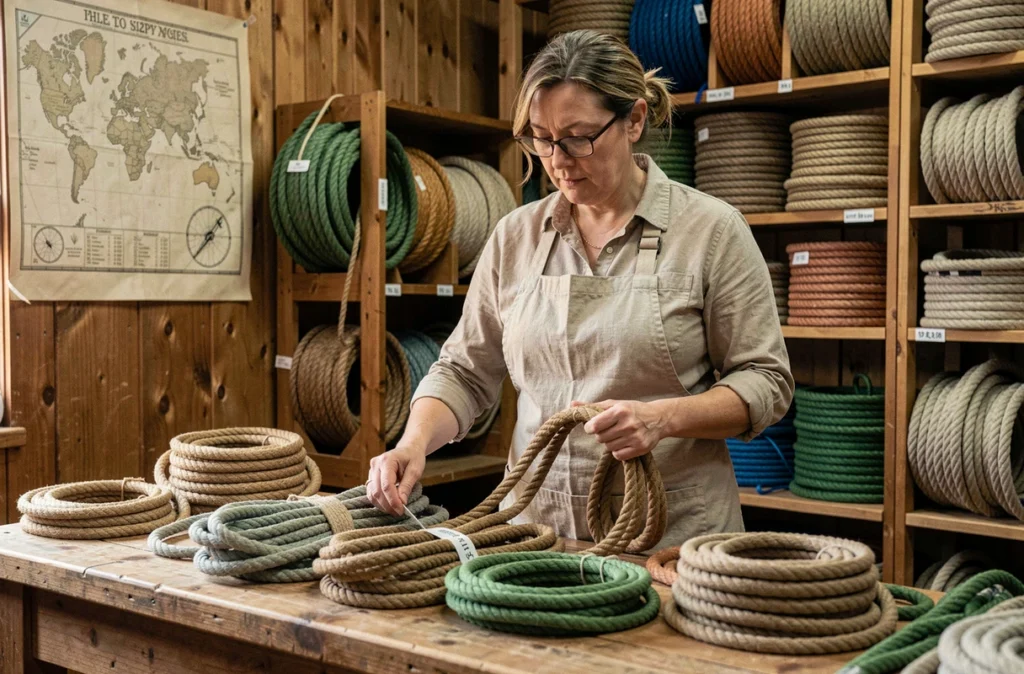 Femme dans une boutique maritime classant différents types de cordages et cordes nautiques