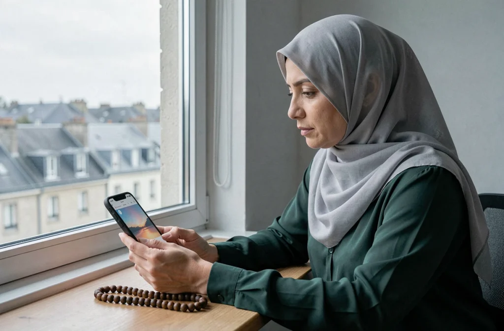 Femme en hijab vérifiant les horaires de prière sur une application mobile près d'une fenêtre à Douai
