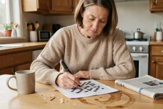 Femme remplissant une grille de mots fléchés sur une table en bois avec un stylo à bille