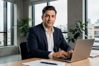 Portrait de Georges Maroun Kikano assis dans un bureau moderne, incarnant son parcours entrepreneurial et créatif sous le nom GMK