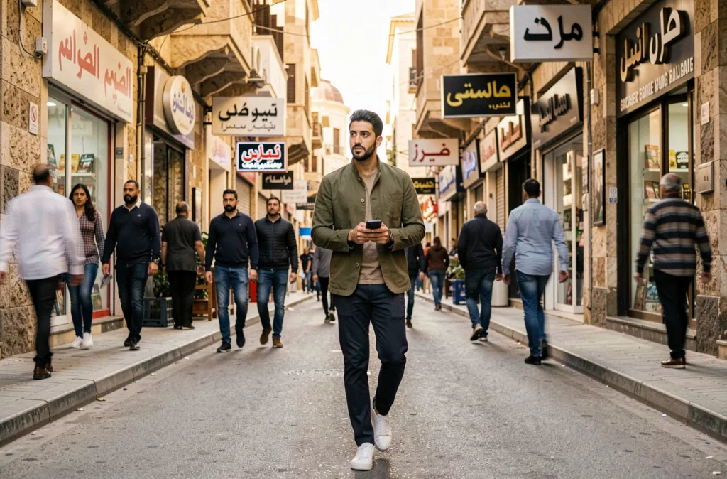 Georges Maroun Kikano marchant dans une rue animée du Moyen-Orient, reflétant ses racines libanaises et son identité derrière le pseudonyme GMK