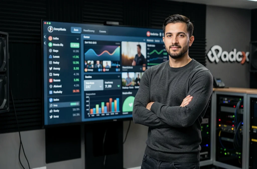 GMK Georges Maroun Kikano devant un écran de données numériques dans un studio de production médiatique, symbolisant son influence en ligne