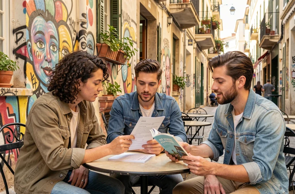 Groupe d'amis planifiant leur week-end à Marseille en consultant un guide et une checklist sécurité en terrasse