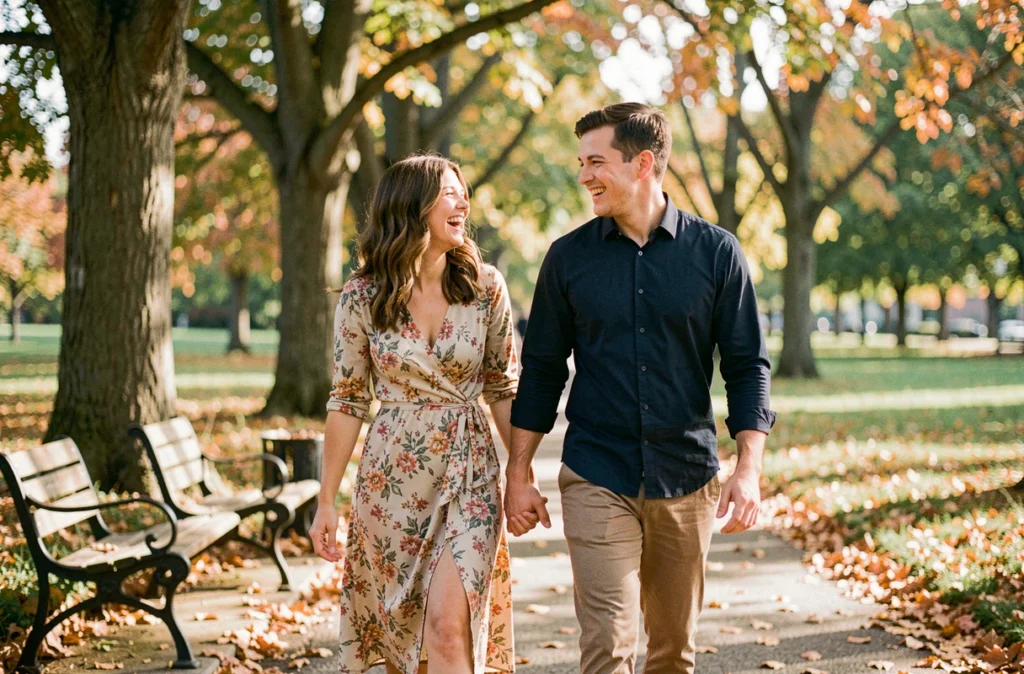 Couple complice se promenant dans un parc parisien en automne, photo éditoriale vie privée et couple