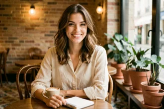 Jeune femme créatrice souriante assise dans un café parisien avec un carnet, portrait éditorial naturel