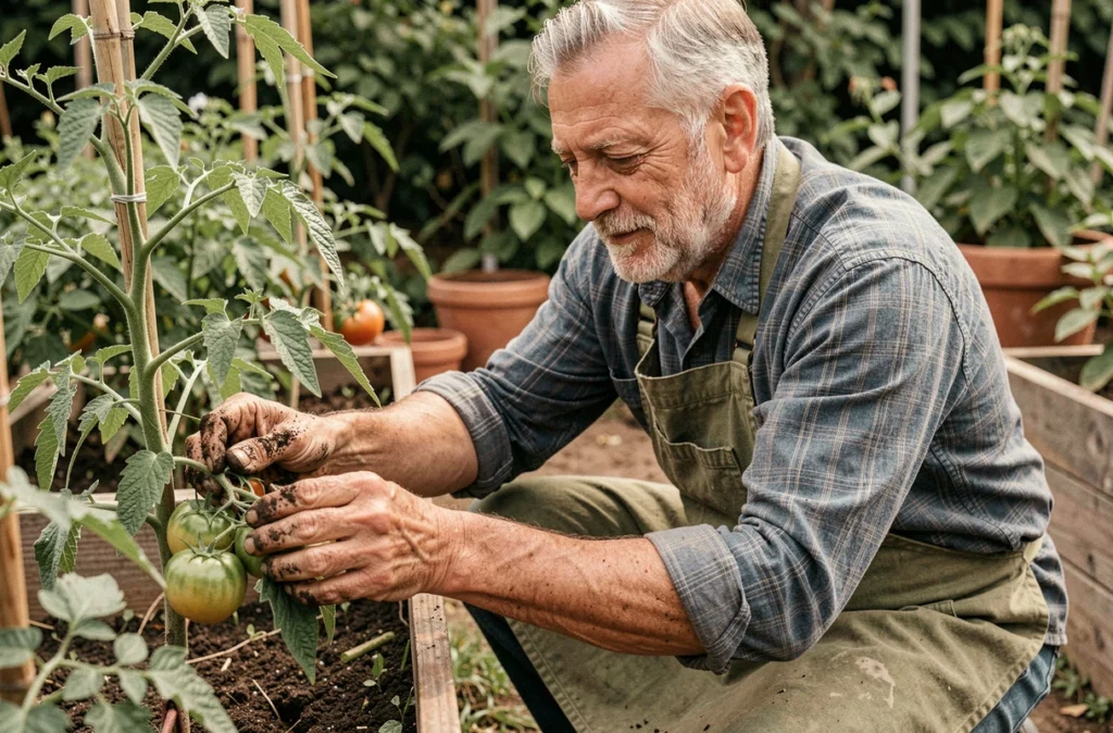 Homme âgé jardinant avec soin dans un potager, métaphore vivante de la philosophie carpe diem appliquée au quotidien et au temps qui passe
