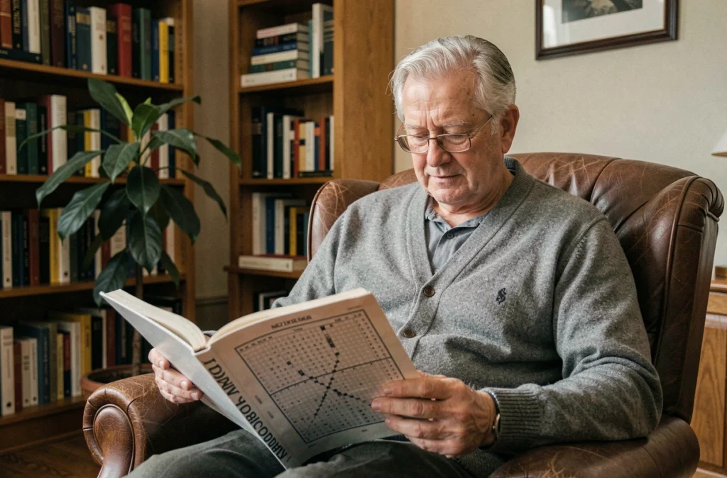Homme âgé avec lunettes résolvant un livre de mots fléchés dans un fauteuil en cuir